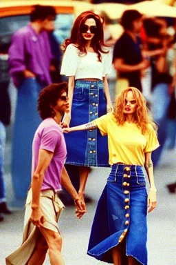 year 1996 denim fashion. Loose skirt, low waist. Colors: denim blue, blue, purple, cream, khaki, light green, lilac, plum, orange, terracotta, red, light yellow, lion yellow, pink, dark blue, beige. Angelina Jolie, Kylie Minogue, Angelika Kallio, Tyra Banks,