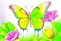 vibrant butterfly, its wings reflecting the rainbow, settled on a dew-kissed rose in a lush garden, with a warm and lively atmosphere"