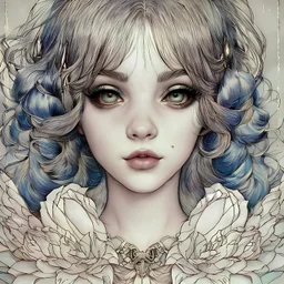 singer Melanie Martinez face, beautiful cyberpunk huge girl, hyperdetailed, illustration by Arthur Rackham, darkblue tones,