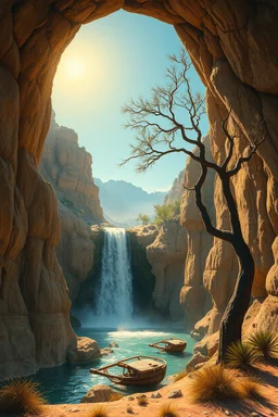 Hieronymus Bosch Style high quality picture waterfall in the desert sunny hot atmosphere dry tree