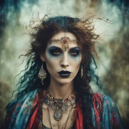 Conceptual surreal , otherworldly and malevolent portrait photograph of a traditionally dressed Romanian Gypsy Vampire Sorceress , with highly detailed hair and facial features in the photographic style of Christy Lee Rogers, Jerry Uelsmann, and Frieke Janssens, sharply focused, cross processed color image using color slide film with C-41 color negative chemicals, with fine ink overlays, 8k, cinematic horror atmosphere