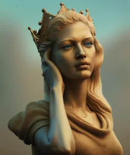 Statue of Queen of photography. Cute blonde woman. Photographer in golden crown. Standing on the street. Big camera in her hand. hyperdetailed, photorealistic, trending on artstation, greg rutkowski, beksinski, kodachrome