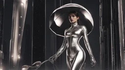 A slim young woman in a silver catsuit with circuitry, standing in a futuristic alien city holding an umbrella shaped like a mushroom with tentacles