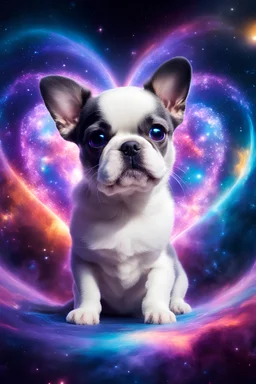 fluffy extra large eyed happy puppy gray-white skin frenchton in the distance a colorful intricate HEART shaped planet similar to earth in a brig ażht nebula. sparkles. Cinematic lighting,vast distances, swirl. fairies. magical DARKNESS. SHARP. EXTREME DEPTH. jellyfish, cinematic eye view