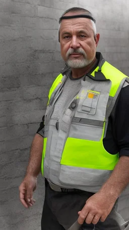 full figure shot photography of two turkish dirty burly construction workers chubby sweat 55 years old in tank top, safety vest, manly chest ,in queue on a sidewalk,, photorealistic, sunlight, summer, ambient occlusion