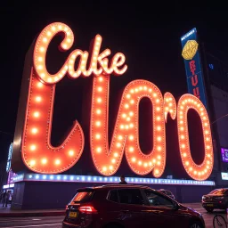 Giant advertisings on giant signs in an odd script, made of cake-frosting and felt, volumetric light, hypermaximalist, night, nightmare, fun, 3d, odd logo, persone, auto, chaos