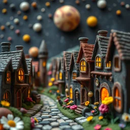 Detailed close-up street made of modeling clay and felt, village, stars, galaxy and planets, fairy, sun, volumetric light, Max Ernst, flowers, naïve, Tim Burton, strong texture, extreme detail, Yves Tanguy, decal, rich moody colors, sparkles, Harry Potter, bokeh, odd