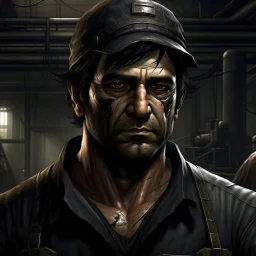 The large and furious black haired badass factoryworker "Big K" grimdark realistic