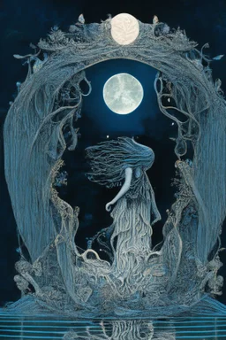 The recovered masterpiece entitled "Pond Goddess Full Moon " depicts The partially skeletonized Pond Goddess wearing a gorgeous gown made from beautifully detailed quilling consisting of feathers, foliage, fish scales, flowers, and gemstones appearing inside the reflection of the Full Moon on the water; neo-surrealism; fractal art; hieroglyphics; symbolism; quilling; intricately detailed; award-winning