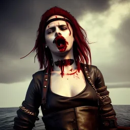 illustrator, hyper realistic, young spanish pirate girl crying, short hair.lips red with blood. tatoos on neck. dressed in leather and metal bra. pirate ships. high details, thunderstorm. 4k, unreal engine, misty, tintoretto