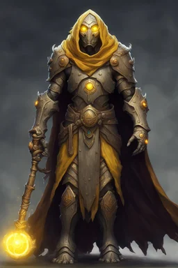 Warforged, druid, made of copper, glowing yellow eyes, wearing cloak, dungeons and dragons