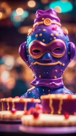 portrait of cute jelly man mask , baker of the highest many storied advanced art ninja star cake sculpture during a casino game show, bokeh like f/0.8, tilt-shift lens 8k, high detail, smooth render, down-light, unreal engine, prize winning