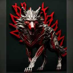 Wolf humanoide, calidad ultra, hiperdetallado, intrincado, maximalista, colores plateado y rojo, 8k 3D