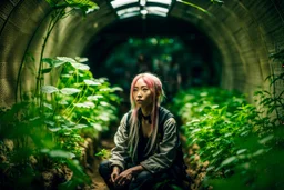 Unground underpunk and solarpunk tunnels, cinematic, extreme dof, dystopian, sci-fi, award-winning, Yui working hard in a garden, National Geographic, breath taking, oxygen farm but outside is a desert, fantasy, magical, geometry