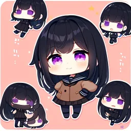 Clear focus, High resolution, long black hair, purple eyes, wearing a sailor uniform, wearing a brown vest, wearing a sailor skirt, chibi, cute, cartoon