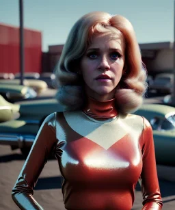 Ultra Realistic retro sci-fi movie Supermarket parking scene, 1960 year, waist up view portrait, 2 clones blonde women, sweet teenager Jane Fonda face, perfect iris, glow eyes, face makeup, tight latex coat, Scare people background, Retro sci-fi style, soft color, highly detailed, unreal engine 5, ray tracing, RTX, lumen lighting, ultra detail, volumetric lighting, 3d, finely drawn, high definition, high resolution.