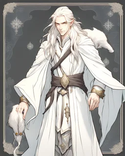 a young High Elf frost Wizard with long wiry hair, wearing a black trimmed white nobleman's robe and frost ornaments on clothes, with a small weasel on his shoulder