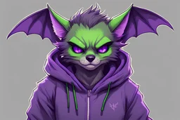 furry anthro bat character, with purple wings, purple eyes and ears, and dark grey fur and neon green neck fur, 2 black freckles below his left eye wearing track pants and hoddie. done in a line art sketch style.