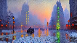 Space cyberpunk city, winter, claude monet painting