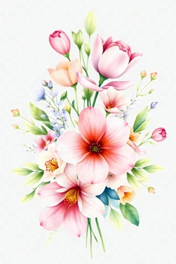 Beautiful spring flowers bouquet, watercolor style, pastel colors, delicate and bright, greeting card illustration