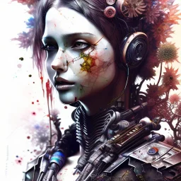 Style Yoji Shinkawa, Singer Danish MØ face, watercolor illustration , cyberpunk,steampunk,Dryad, plants, wildflower,