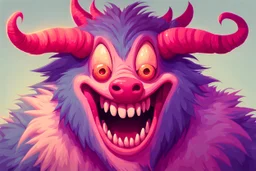 closeup on face of cute character with fur, horns and big toothy grin, peculiar character style, cute monster