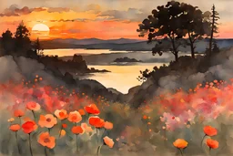 Amazing Sunset, flowers, countryside, rocky land, mountains, epic, winslow homer watercolor paintings