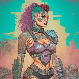 Fit tattooed woman, egirl vives, 80s comicbook style, knight armor, wasteland.