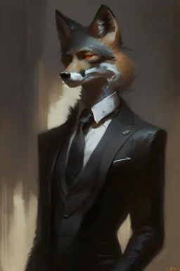 a fox in black suit in the style of Aleksi Briclot, Charlie Bowater, Dean Cornwell, and Pino Daeni