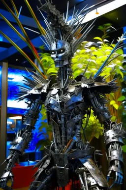 A humanoid being made entirely of sharpened metal blades and spikes stands before a mechanical tree. Photograph.