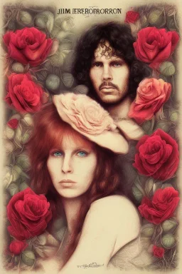 Jim Morrison and Pamela Courson ,music, ignoreNSFW, watermark, bohemian style , blurry,beautiful,elegant,roses, fantasy by ann dittman