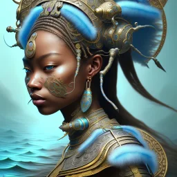 Sango fantasy, fantasy magic, intricate, sharp focus, illustration, highly detailed, digital painting, concept art, matte, art germ and Paul Lewin and Kehinde Wiley, masterpiece Aztec princess dancer head bronze feather's' Asian African girl nice breast Thai hair turquoise silver blue under water