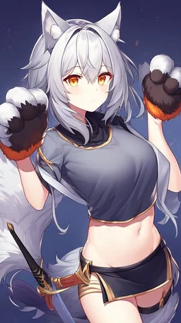 2Girl, boy ,wolf muzzle, gray hair, gray wolf ears, wolf tail, open navel, short blue shirt,animal tail, animal paws, wolf paws hand, orange eyes, sword.