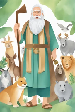 noah, big white beard, sandals, long tunic, hammer in tour hands, Arca de Noé com muitos animais, estilo cartoon, aquarela, pintura digital, 2D, vetor