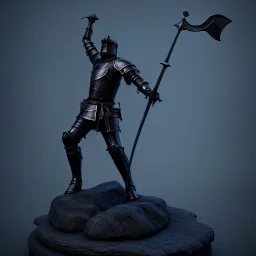 large black stone statue of a knight in a dark dungeon, holding a sword that's pointing up and glowing blue