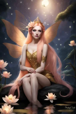 Pointed elven ears,Peach hair , light peach hair, dark,night dark gold,gold,golden,rapunzel hair,dragonflies,water lilies, night,light,,butterflies,elven ears,dark fairy ,night sky,stars,princess,nymph,sparkle,glitter,orchids