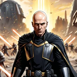 star wars bald male corellian jedi pilot wearing black and gunmetal grey old republic armored robes with gold trim, alone, battle-ready Jedi Master defending a ruined ancient city surrounded by golden light, centered head and shoulders portrait, hyperdetailed, dynamic lighting, hyperdetailed background, 8k resolution, volumetric lighting, light skin, fully symmetric details