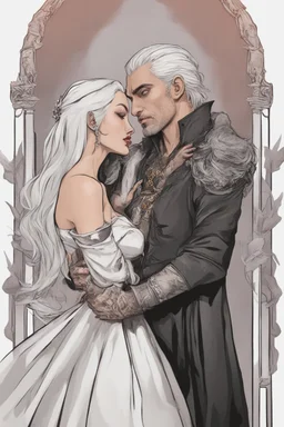 Strahd Von Zarovich being kissed by a beautiful woman with white hair, wearing an off the shoulder dress. Settling and background are a lavish toomb with an ebony coffin.