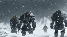 Warriors in blizzard, comic style