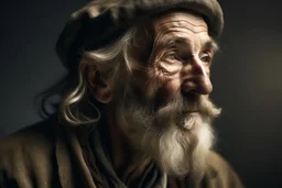 frontal profile picture of an old herbalist hobo like hero.