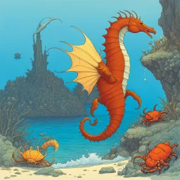 [illustration by Moebius] a seahorse protected by a giant crab