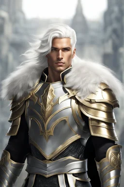 Male Tan Human, White Hair, Handsome Face, Dark Heavy Armour, Black and Gold colour theme