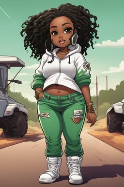 Create a Abstract Expressionism cartoon of a curvy African American chibi plus size female wearing tight white jeans and green hoodie. She is also wearing timberland boots. Prominent make up with hazel eyes. Highly detailed very extremely long locs of black hair. Her skin is smooth and silky. Background of a track of ATV riders.