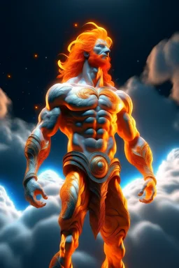 full body picture of a slim muscular god with galaxy's in his eyes, glowing orange hair that looks like it's made of the sun, a light gray body made of clouds with glowing cracks of orange within it in cloud patterns, he wears greek god like clothing that looks as if it's made of ice and water. realistic 4k