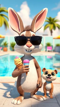 A rabbit and his small dog eating ice cream, standing near a swimming pool and wearing a sunglasses and making a thumb up hand sign in 3d pixar look picture ,