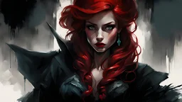 Graphic Novel Full Body Portrait Of Disney Ariel, Gorgeous Red Hair, Big Wide Set Eyes, Cute Nose, Big Pouty Lips, Unique Moody Face, Femme Fatale, Black night gown and stockings At Night holding a dagger, Cinematic Detailed Mysterious Sharp Focus High Contrast Dramatic Volumetric Lighting,:: dark mysterious esoteric atmosphere :: digital matt painting by Jeremy Mann + Carne Griffiths + Leonid Afremov, black canvas, dramatic shading, detailed face
