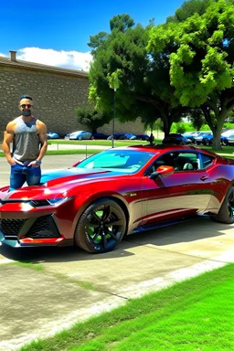 make a pic with bodybuilder Knut Spildrejorde from Norway and his fitness wife Jeanette, they are standing front of his new red car Chevrolet Camaro, very busy highway in sunny Texas in the background