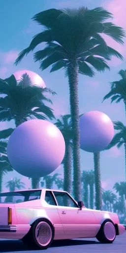 1980's aesthetic vaporwave palm trees with spheres and car