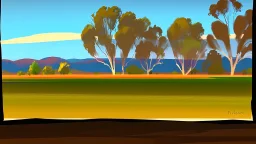 in a destopian future artistic style, a view of an australian sunny peaceful landscape outside kitchen window