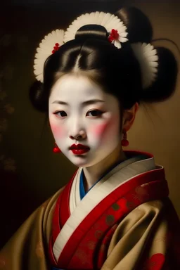 classic 1600s french oil painting of a young Japanese geisha with painted white face and red lipstick, wearing a elaborate red silk kimono